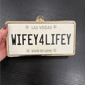 Aldo White and Gold License Plate Clutch